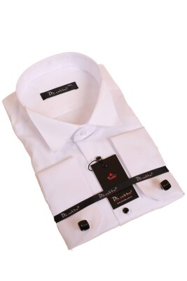 Beyaz Büyük Beden Siyah Taş Düğmeli Damatlık Ata Yaka Kol Düğmeli Slim Fit Smokin Gömlek - 090 