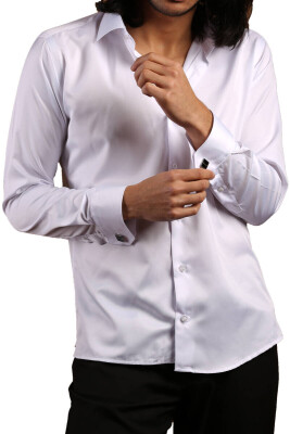 Beyaz Dar Kesim Micro Kumaş Kol Düğmeli Slim Fit Erkek Gömlek - 201-1 - 1
