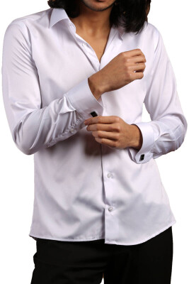 Beyaz Dar Kesim Micro Kumaş Kol Düğmeli Slim Fit Erkek Gömlek - 201-1 - 3