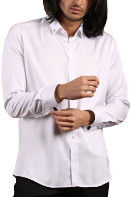 Beyaz Düğmeli Yaka ve Zincirli Uzun Kol Dar Kesim Micro Kumaş Kol Düğmeli Slim Fit Erkek Gömlek - 198-1 