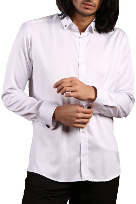 Beyaz Düğmeli Yaka ve Zincirli Uzun Kol Dar Kesim Micro Kumaş Kol Düğmeli Slim Fit Erkek Gömlek - 198-1 - 3