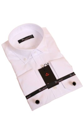 Beyaz Düğmeli Yaka ve Zincirli Uzun Kol Dar Kesim Micro Kumaş Kol Düğmeli Slim Fit Erkek Gömlek - 198-1 - 1