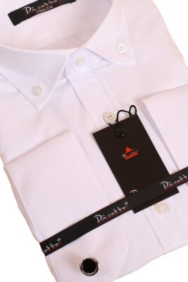Beyaz Düğmeli Yaka ve Zincirli Uzun Kol Dar Kesim Micro Kumaş Kol Düğmeli Slim Fit Erkek Gömlek - 198-1 - 2