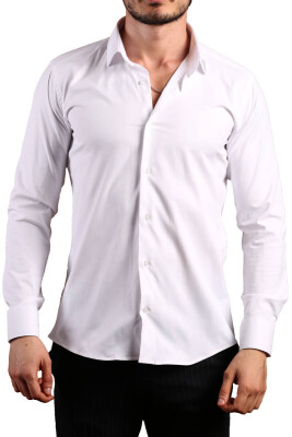 Beyaz Ekstra Dar Kesim Likralı Esnek Micro Kumaş Kol Düğmeli Slim Fit Erkek Gömlek - 195-1 