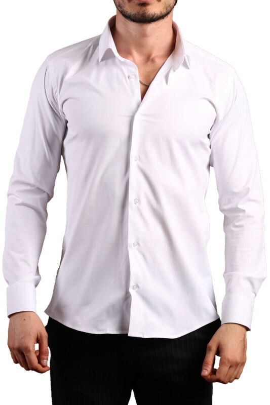 Beyaz Ekstra Dar Kesim Likralı Esnek Micro Kumaş Kol Düğmeli Slim Fit Erkek Gömlek - 195-1 - 1