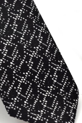Beyaz Karışık Desenli Siyah Dokuma Kumaş Mendilli Slim Fit Kravat // SDK230901 - 3