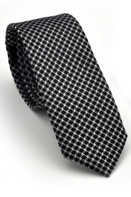 Beyaz Kaz Ayağı Desenli Siyah Dokuma Kumaş Mendilli Slim Fit Kravat // SDK230903 - 1
