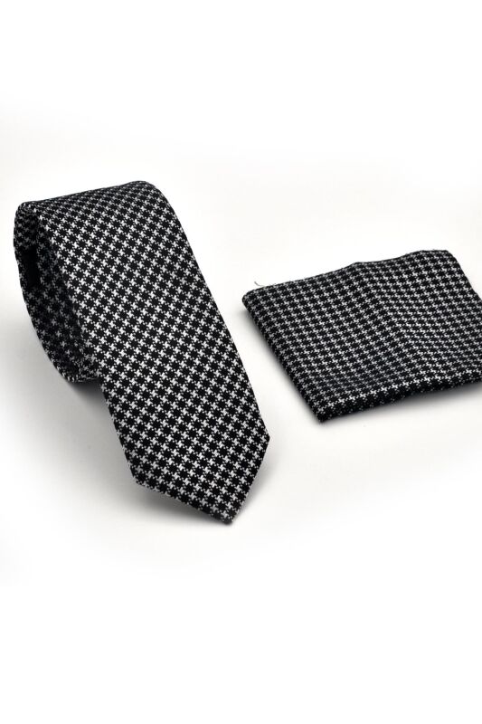 Beyaz Kaz Ayağı Desenli Siyah Dokuma Kumaş Mendilli Slim Fit Kravat // SDK230903 - 2