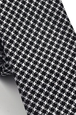 Beyaz Kaz Ayağı Desenli Siyah Dokuma Kumaş Mendilli Slim Fit Kravat // SDK230903 - 3