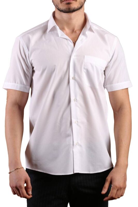 Beyaz Kısa Kol Rahat Kesim Cepli Regular Fit Erkek Gömlek - 500-1 - 1