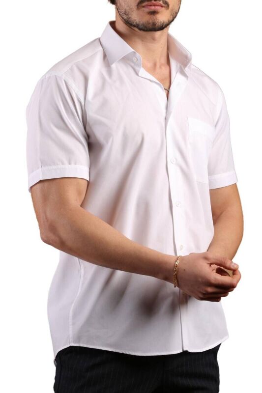Beyaz Kısa Kol Rahat Kesim Cepli Regular Fit Erkek Gömlek - 500-1 - 3