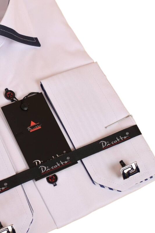 Beyaz Lacivert Bieli Yaka Dar Kesim Micro Kumaş Kol Düğmeli Slim Fit Erkek Gömlek - 200-1 - 3