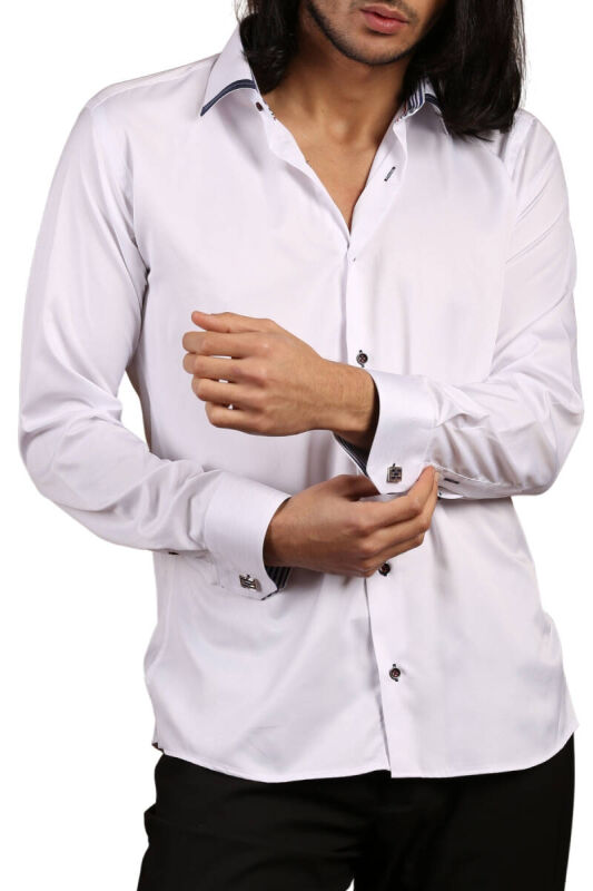 Beyaz Lacivert Bieli Yaka Dar Kesim Micro Kumaş Kol Düğmeli Slim Fit Erkek Gömlek - 200-1 - 1