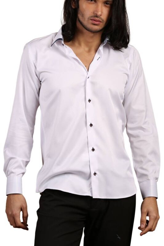 Beyaz Lacivert Bieli Yaka Dar Kesim Micro Kumaş Kol Düğmeli Slim Fit Erkek Gömlek - 200-1 - 2