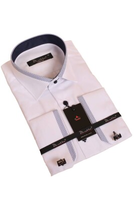 Beyaz Lacivert Bieli Yaka Dar Kesim Micro Kumaş Kol Düğmeli Slim Fit Erkek Gömlek - 200-3 - 1