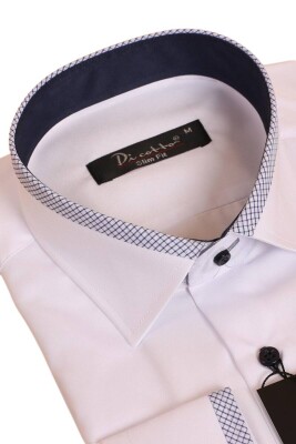 Beyaz Lacivert Bieli Yaka Dar Kesim Micro Kumaş Kol Düğmeli Slim Fit Erkek Gömlek - 200-3 - 2