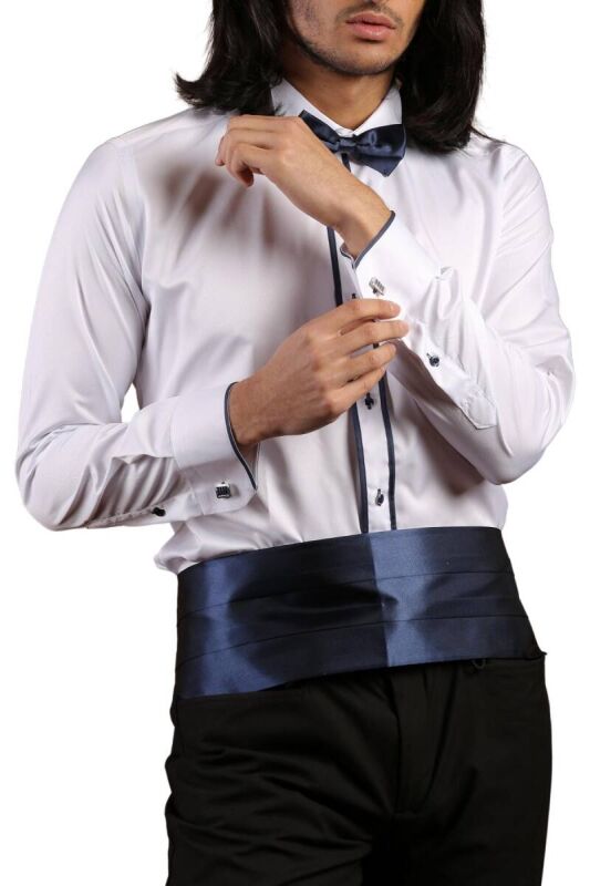 Beyaz Lacivert Çift Bieli Damatlık Ata Yaka Kol Düğmeli Slim Fit Smokin Gömlek - 011 - 1
