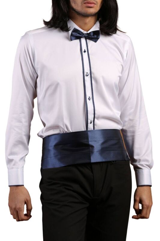 Beyaz Lacivert Çift Bieli Damatlık Ata Yaka Kol Düğmeli Slim Fit Smokin Gömlek - 011 - 2