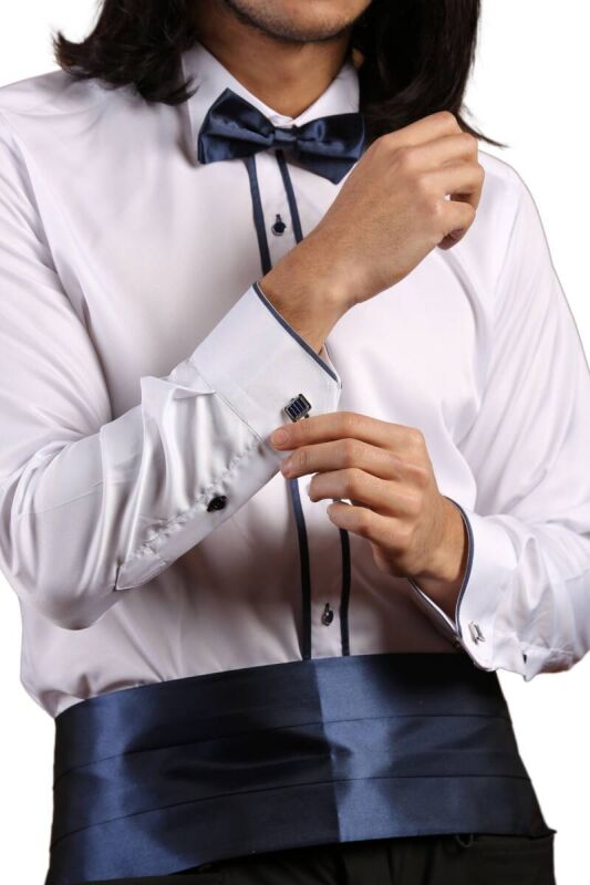 Beyaz Lacivert Çift Bieli Damatlık Ata Yaka Kol Düğmeli Slim Fit Smokin Gömlek - 011 - 3