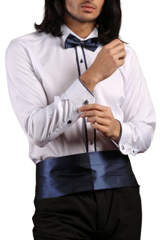 Beyaz Lacivert Çift Bieli Damatlık Ata Yaka Kol Düğmeli Slim Fit Smokin Gömlek - 011 - 6