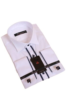 Beyaz Lacivert Çift Bieli Damatlık Ata Yaka Kol Düğmeli Slim Fit Smokin Gömlek - 011 
