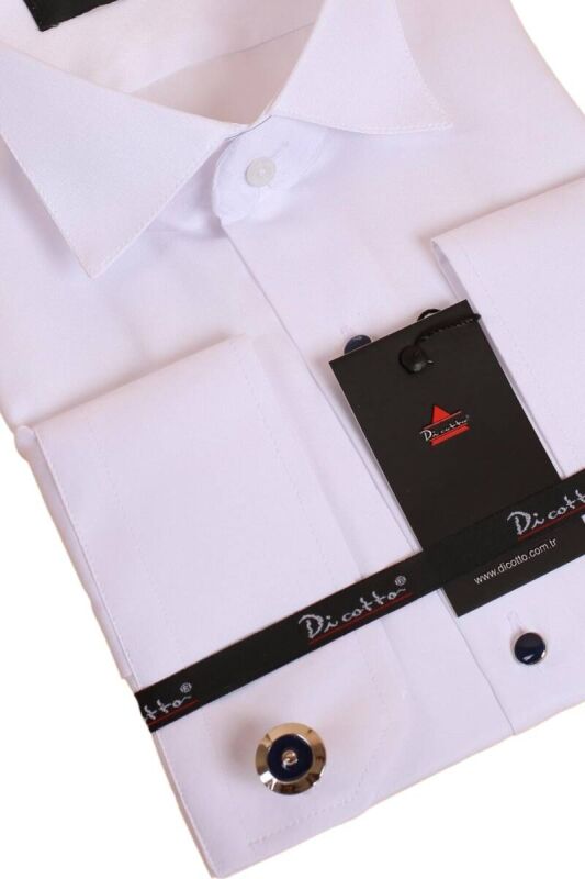 Beyaz Lacivert Taş Düğmeli Damatlık Ata Yaka Kol Düğmeli Slim Fit Smokin Gömlek - 008 - 2