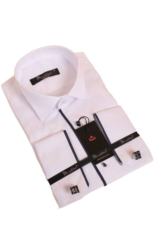 Beyaz Lacivert Tek Bieli Damatlık Ata Yaka Kol Düğmeli Slim Fit Smokin Gömlek - 028 - 1