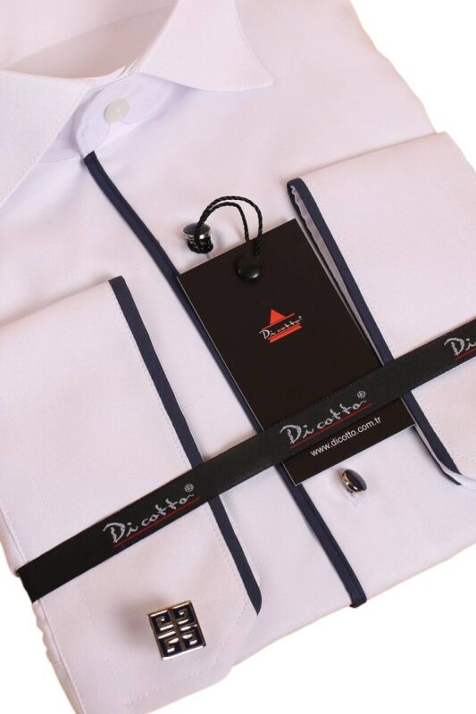 Beyaz Lacivert Tek Bieli Damatlık Ata Yaka Kol Düğmeli Slim Fit Smokin Gömlek - 028 - 2