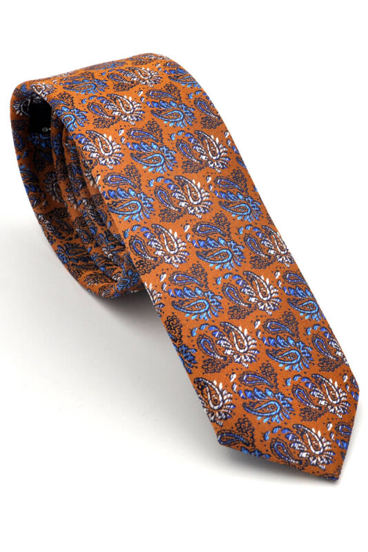 Beyaz Mavi Şal Desenli Hardal Sarısı Dokuma Kumaş Mendilli Slim Fit Kravat / SDK-230211 - 1