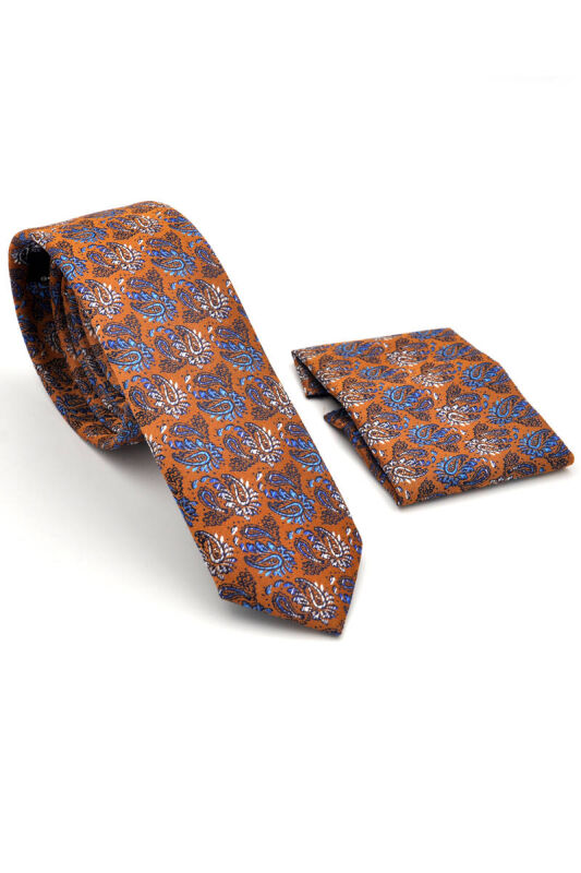 Beyaz Mavi Şal Desenli Hardal Sarısı Dokuma Kumaş Mendilli Slim Fit Kravat / SDK-230211 - 2
