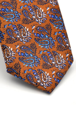 Beyaz Mavi Şal Desenli Hardal Sarısı Dokuma Kumaş Mendilli Slim Fit Kravat / SDK-230211 - 3