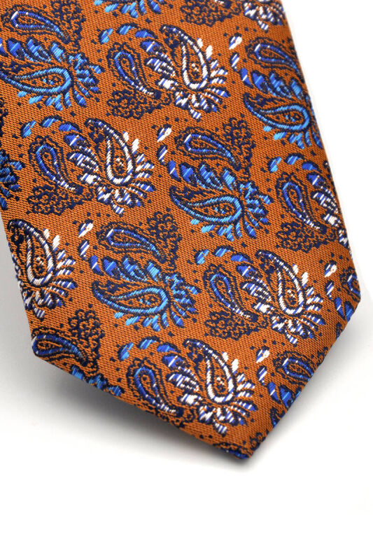Beyaz Mavi Şal Desenli Hardal Sarısı Dokuma Kumaş Mendilli Slim Fit Kravat / SDK-230211 - 3