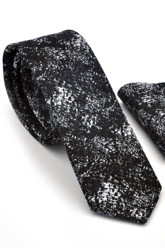 Beyaz Motif Desenli Siyah Dokuma Kumaş Mendilli Slim Fit Kravat / SDK-220715 - 1