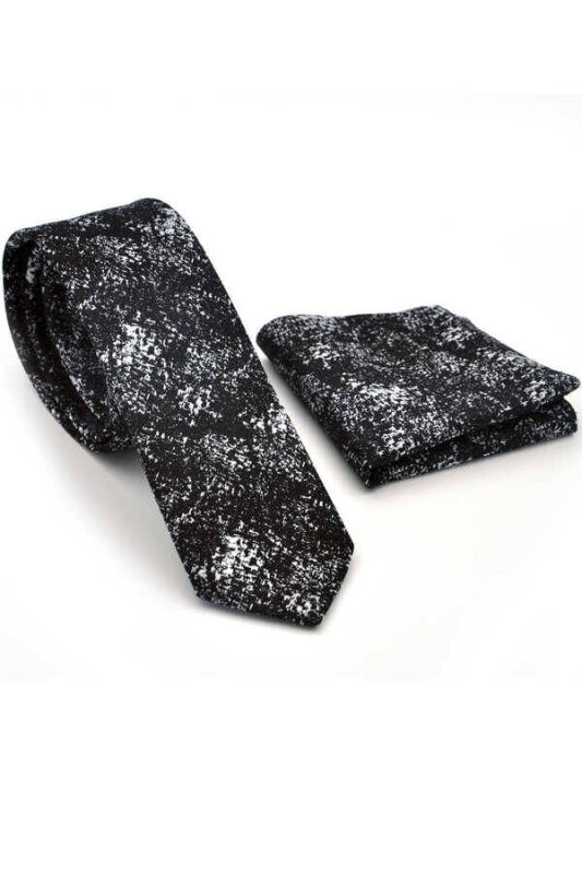 Beyaz Motif Desenli Siyah Dokuma Kumaş Mendilli Slim Fit Kravat / SDK-220715 - 2