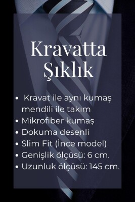 Beyaz Noktalı Mavi Kareli Kahverengi Dokuma Kumaş Mendilli Slim Fit Kravat // SDK-240101 - 4