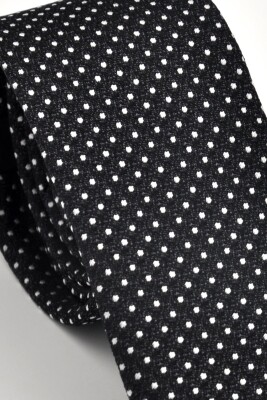 Beyaz Noktalı Puantiye Desenli Siyah Dokuma Kumaş Mendilli Slim Fit Kravat // SDK230913 - 3