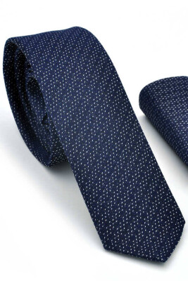 Beyaz Noktalı Verev Çizgili Lacivert Dokuma Kumaş Mendilli Slim Fit Kravat / SDK-220713 - 1