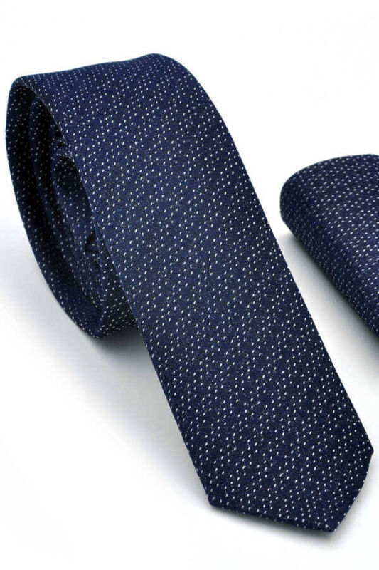 Beyaz Noktalı Verev Çizgili Lacivert Dokuma Kumaş Mendilli Slim Fit Kravat / SDK-220713 - 1