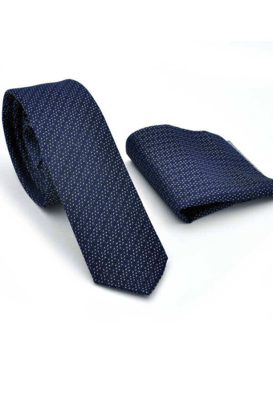 Beyaz Noktalı Verev Çizgili Lacivert Dokuma Kumaş Mendilli Slim Fit Kravat / SDK-220713 - 2