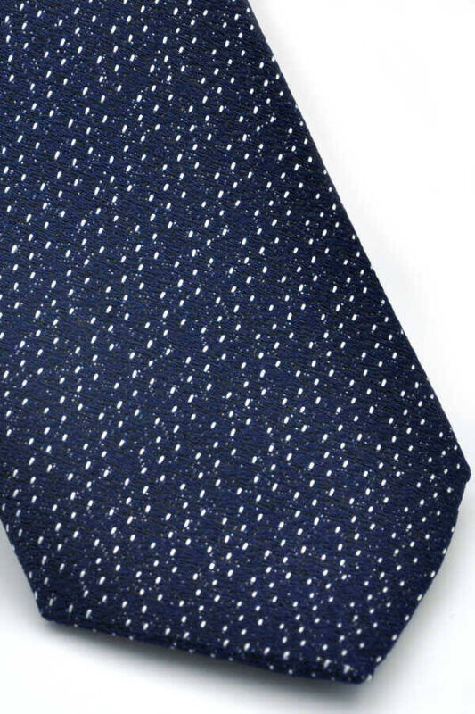 Beyaz Noktalı Verev Çizgili Lacivert Dokuma Kumaş Mendilli Slim Fit Kravat / SDK-220713 - 3