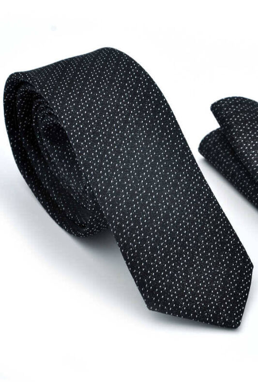 Beyaz Noktalı Verev Çizgili Siyah Dokuma Kumaş Mendilli Slim Fit Kravat / SDK-220712 - 1