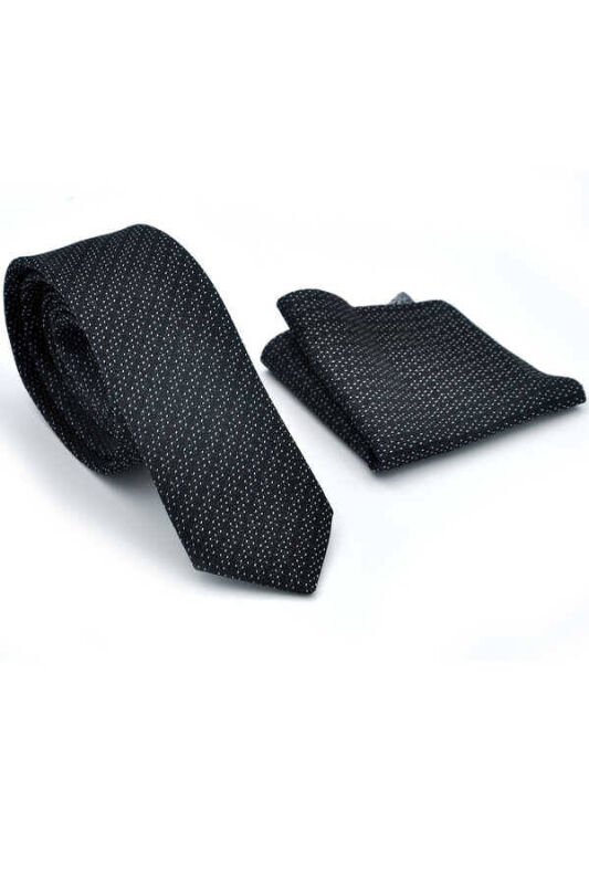 Beyaz Noktalı Verev Çizgili Siyah Dokuma Kumaş Mendilli Slim Fit Kravat / SDK-220712 - 2
