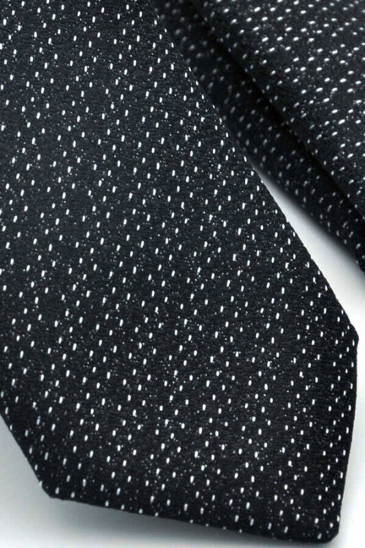 Beyaz Noktalı Verev Çizgili Siyah Dokuma Kumaş Mendilli Slim Fit Kravat / SDK-220712 - 3