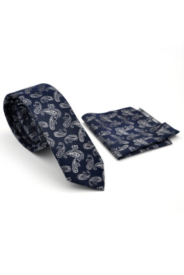 Beyaz Şal Desenli Lacivert Dokuma Kumaş Mendilli Slim Fit Kravat / SDK-230209 - 2