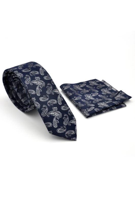 Beyaz Şal Desenli Lacivert Dokuma Kumaş Mendilli Slim Fit Kravat / SDK-230209 - 2