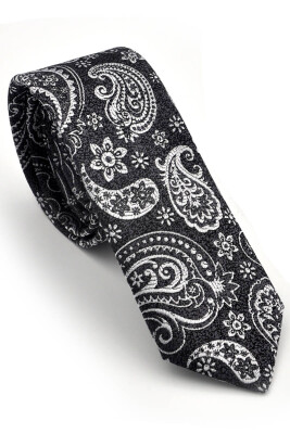 Beyaz Şal Desenli Siyah Dokuma Kumaş Mendilli Slim Fit Kravat / SDK-230206 - 1