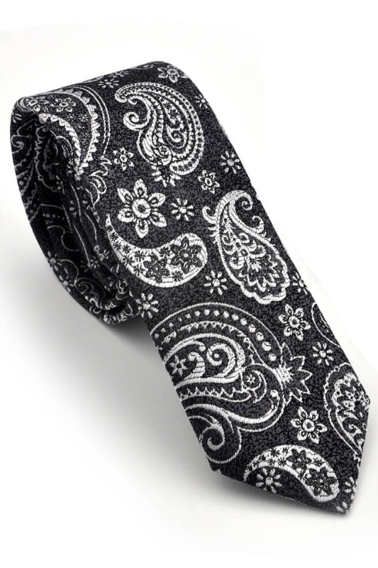 Beyaz Şal Desenli Siyah Dokuma Kumaş Mendilli Slim Fit Kravat / SDK-230206 - 1