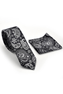 Beyaz Şal Desenli Siyah Dokuma Kumaş Mendilli Slim Fit Kravat / SDK-230206 - 2