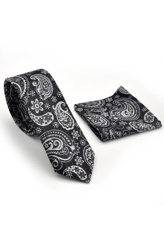 Beyaz Şal Desenli Siyah Dokuma Kumaş Mendilli Slim Fit Kravat / SDK-230206 - 2