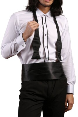 Beyaz Siyah Çift Bieli Damatlık Ata Yaka Kol Düğmeli Slim Fit Smokin Gömlek - 003 - 1